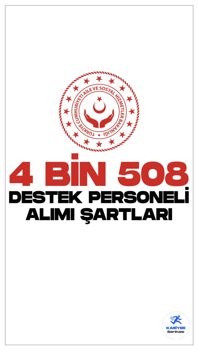 Aile ve Sosyal Hizmetler Bakanlığı (ASHB) destek personeli alımı başvuruları sürüyor. Başvuru şartları ve başvuru sayfasına dair tüm detaylar Kariyerbankasi.net'in bu haberinde.Aile ve Sosyal Hizmetler Bakanlığı  8 bin personel alımı kapsamında, kadın-erkek adaylardan ortaöğretim ve ön lisans mezunu olmak üzere temizlik personeli, yiyecek içecek hizmetleri, şoför, bakım personeli, çocuk bakıcısı, engelli bakıcısı, yaşlı bakıcısı, aşçı- aşçı yardımcısı, bakım onarım branşlarında, toplamda 4 bin 508 destek personeli alımı yapacak. Başvurular 11 Mart 2024 tarihine kadar sürecek. İşte şartlar ve kontenjan dağılımları..