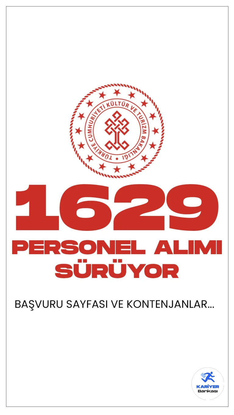 Kültür ve Turizm Bakanlığı 1629 Personel Alımı Başvurular Sürüyor.Kültür ve Turizm Bakanlığı sayfasından yayımlanan duyuruda, Kültür ve Turizm Bakanlığına büro personeli, koruma ve güvenlik görevlisi, temizlik görevlisi, kütüphaneci, mimar, şoför, çocuk gelişimcisi, aşçı, bahçıvan, mühendis, şehir plancısı, arkeolog, müze araştırmacısı, tekniker ve teknisyen ünvanlarında sözleşmeli personel alımı yapılacağı aktarılırken, başvuruların 8 Şubat'a kadar süreceği kaydedildi. İşte şartlar ve başvuru sayfası..