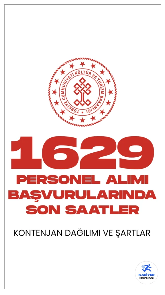 Kültür Bakanlığı 1629 Personel Alımı Başvurularında Son Saatler.Kültür ve Turizm Bakanlığı sayfasından yayımlanan duyuruya göre, Kültür ve Turizm Bakanlığına büro personeli, koruma ve güvenlik görevlisi, temizlik görevlisi, kütüphaneci, mimar, şoför, çocuk gelişimcisi, aşçı, bahçıvan, mühendis, şehir plancısı, arkeolog, müze araştırmacısı, tekniker ve teknisyen ünvanlarında sözleşmeli personel alınacak. Başvurular bugün (8 Şubat) sona erecek. İşte şartlar ve başvuru sayfası..