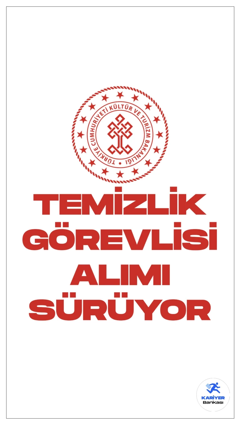 Kültür Bakanlığı 232 Temizlik Görevlisi Alımı Başvuruları Sürüyor.Cumhurbaşkanlığı Strateji ve Bütçe Başkanlığı Kamu İlan sayfasında yayımlanan duyuruya göre, Kültür ve Turizm Bakanlığı 1629 personel alımı kapsamında 232 temizlik görevlisi alımı yapılacak. Başvuru yapacak adayların belirtilen şartları sağlaması gerekmektedir. Başvuru işlemleri 8 Şubat'a kadar sürecek. İşte temizlik görevlisi alımı şartları ve illere göre kontenjanlar…