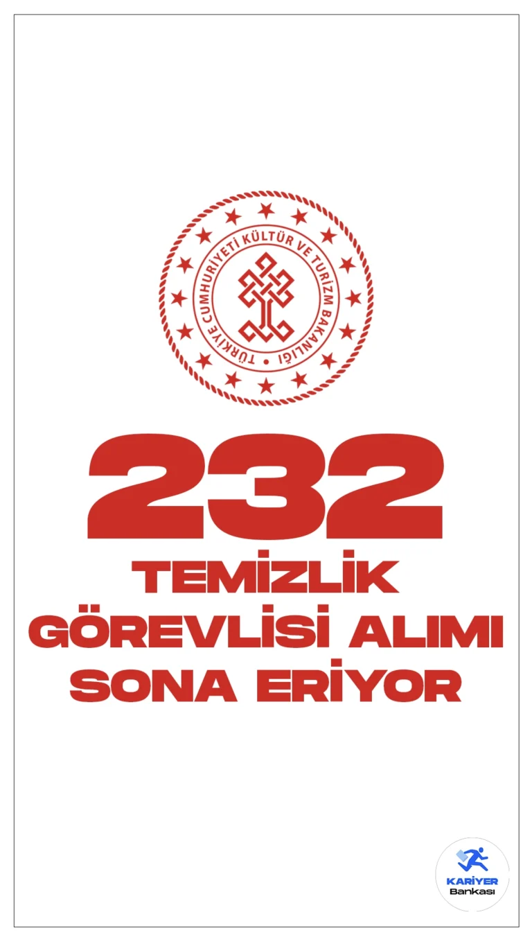 Kültür Bakanlığı 232 Temizlik Görevlisi Alımı Sona Eriyor.Cumhurbaşkanlığı Strateji ve Bütçe Başkanlığı Kamu İlan sayfasında yayımlanan duyuruda, Kültür ve Turizm Bakanlığı 1629 personel alımı kapsamında 232 temizlik görevlisi alımı yapılacağı aktarılmış, başvurular 25 Ocak itibarıyla alınmaya başlamıştı.Başvuru işlemleri yarın (8 Şubat) sona erecek. Başvuru yapacak adayların genel ve özel şartları taşıması gerekmektedir. İşte temizlik görevlisi alımı şartları ve illere göre kontenjanlar…