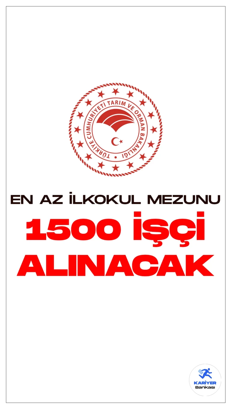 Tarım ve Orman Bakanlığı 1500 İşçi Alımı Başvurularında Son Günler.Bakanlık sayfasından ve Resmi Gazete'de yayımlanan duyurulara göre, Tarım Bakanlığı taşra teşkilatında istihdam edilmek üzere birçok farklı ünvanda 1500 tarım işçisi alımı yapılacak. Başvuru yapacak adaylarda en az ilkokul mezunu şartı aranırken, başvuruların 19 Şubat'ta sona ereceği kaydedildi. İşte şartlar, kontenjan dağılımı ve başvuru sayfası...