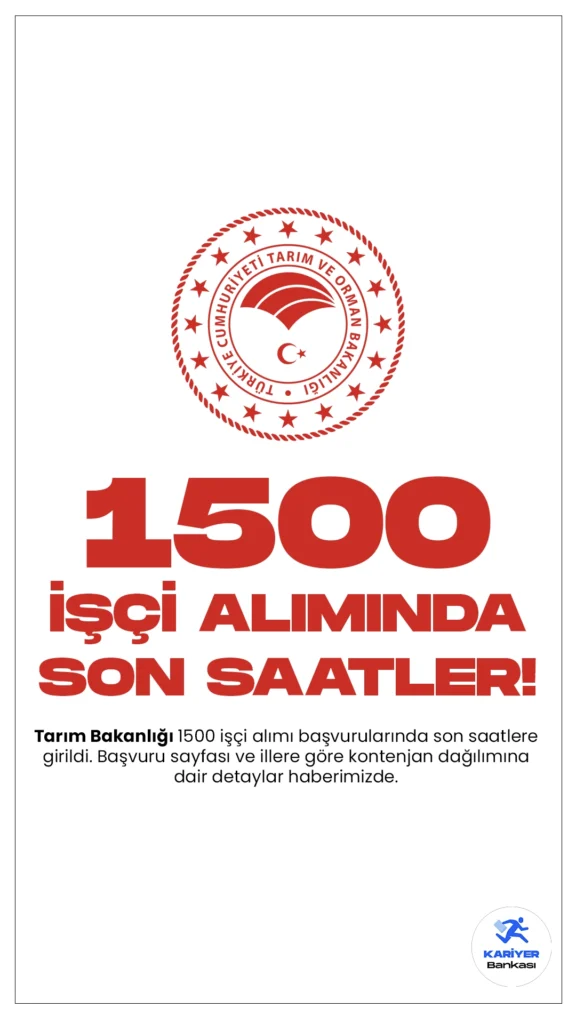 Tarım Bakanlığı 1500 İşçi Alımı Başvurularında Son Saatlere Girildi.Tarım Bakanlığı taşra teşkilatında istihdam edilmek üzere  1500 tarım işçisi alımı için başvuruları 13 Şubat itibarıyla başlamıştı. Başvuru işlemleri bugün(19 Şubat) sona eriyor. Başvuru yapacak adaylarda en az ilkokul mezunu olması aranan şartlar arasında yer alıyor. Başvuru yapacak adayların belirtilen şartları sağlaması gerekmektedir.