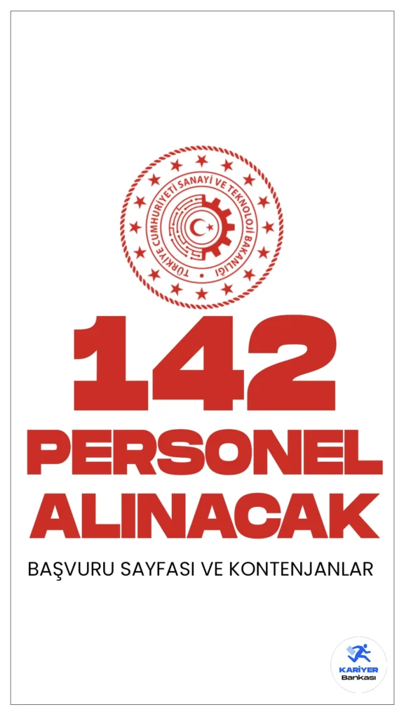 Sanayi ve Teknoloji Bakanlığı personel alımı duyurusu yayımlandı. Resmi Gazete'de yayımlanan duyuruya göre, Sanayi Bakanlığına büro personeli, destek personeli, koruma ve güvenlik görevlisi, mühendis ve avukat ünvanlarında olmak üzere 142 sözleşmeli personel alımı yapılacak. Başvuru yapacak adaylarda yazılı ve sözlü sınav yapılmaksızın 2022 Kamu Personeli Seçme Sınavı Puanı (KPSS) (B) grubu puan sıralaması esas alınarak yerleştirme yapılacağı kaydedildi.
