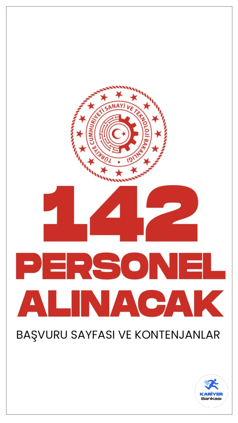 Sanayi ve Teknoloji Bakanlığı personel alımı duyurusu yayımlandı. Resmi Gazete'de yayımlanan duyuruya göre, Sanayi Bakanlığına büro personeli, destek personeli, koruma ve güvenlik görevlisi, mühendis ve avukat ünvanlarında olmak üzere 142 sözleşmeli personel alımı yapılacak. Başvuru yapacak adaylarda yazılı ve sözlü sınav yapılmaksızın 2022 Kamu Personeli Seçme Sınavı Puanı (KPSS) (B) grubu puan sıralaması esas alınarak yerleştirme yapılacağı kaydedildi.