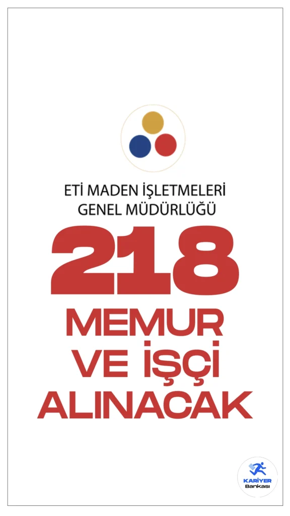 Eti Maden 218 Memur ve İşçi Alımı Yapacak.Eti Maden İşletmeleri Genel Müdürlüğü sayfasından yayımlanan duyuruda, Kırka Bor İşletme Md. (Seyitgazi/ESKİŞEHİR) 162, Bigadiç ve Bandırma İşletme Md. (BALIKESİR) 56 olmak üzere toplamda 218 personel alımı yapılacağı aktarıldı. Başvurular İŞKUR ve ÖSYM üzerinden gerçekleştirilecek. Başvuru yapacak adayların belirtilen şartları dikkatle incelemesi gerekmektedir.