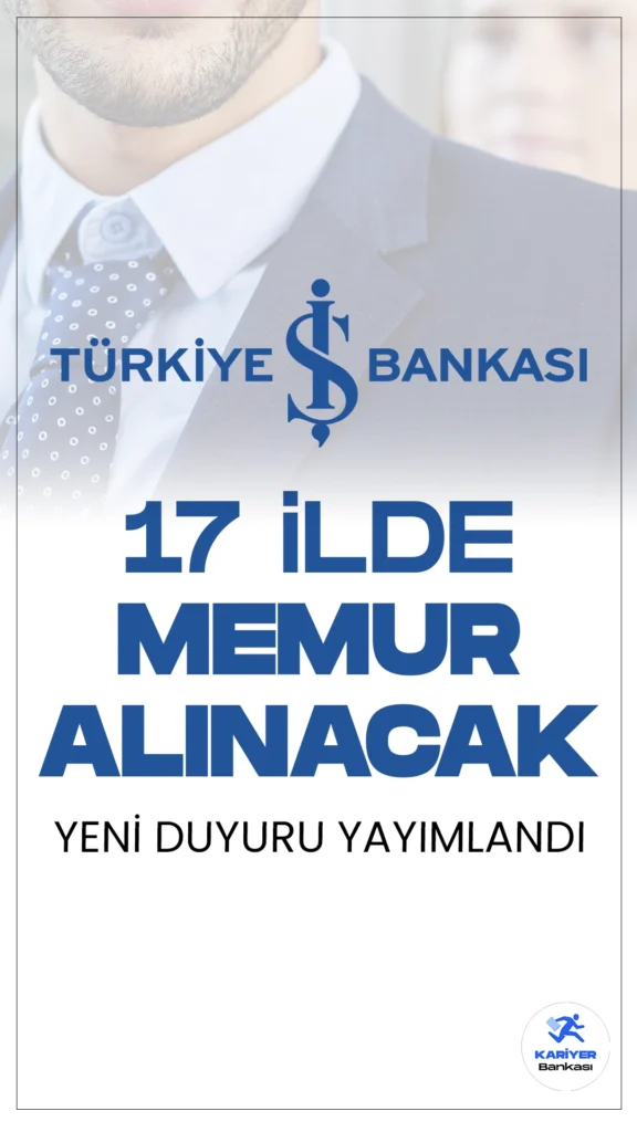 İş Bankası 17 İlde Memur Alımı Yapacak. Türkiye İş Bankası kariyer sayfasından yayımlana duyuruda, Ardahan'ın Merkez; Artvin'in Merkez; Balıkesir'in Merkez; Bursa'nın Merkez ve İnegöl; Erzurum'un Merkez; Hakkari'nin Merkez; Hatay'ın Antakya, Payas ve Reyhanlı; Iğdır'ın Merkez; İzmir'in Balçova, Bayraklı, Bornova, Güzelbahçe, Karabağlar, Karşıyaka ve Konak; Kocaeli'nin Merkez ve Darıca; Konya'nın Ereğli; Sakarya'nın Akyazı; Mardin'in Kızıltepe; Şanlıurfa'nın Siverek; Şırnak'ın Cizre ve Silopi; Tekirdağ'ın Çorlu; Yalova'nın Merkez ilçelerinde bulunan İş Bankası Şubelerinde temel bankacılık hizmetlerini yerine getirmek üzere Memur pozisyonunda görevlendirilmek üzere 17 ilde Anadolu memur alımı yapılacağı aktarılırken, başvuruların 1 Nisan 2024 tarihine kadar süreceği kaydedildi.