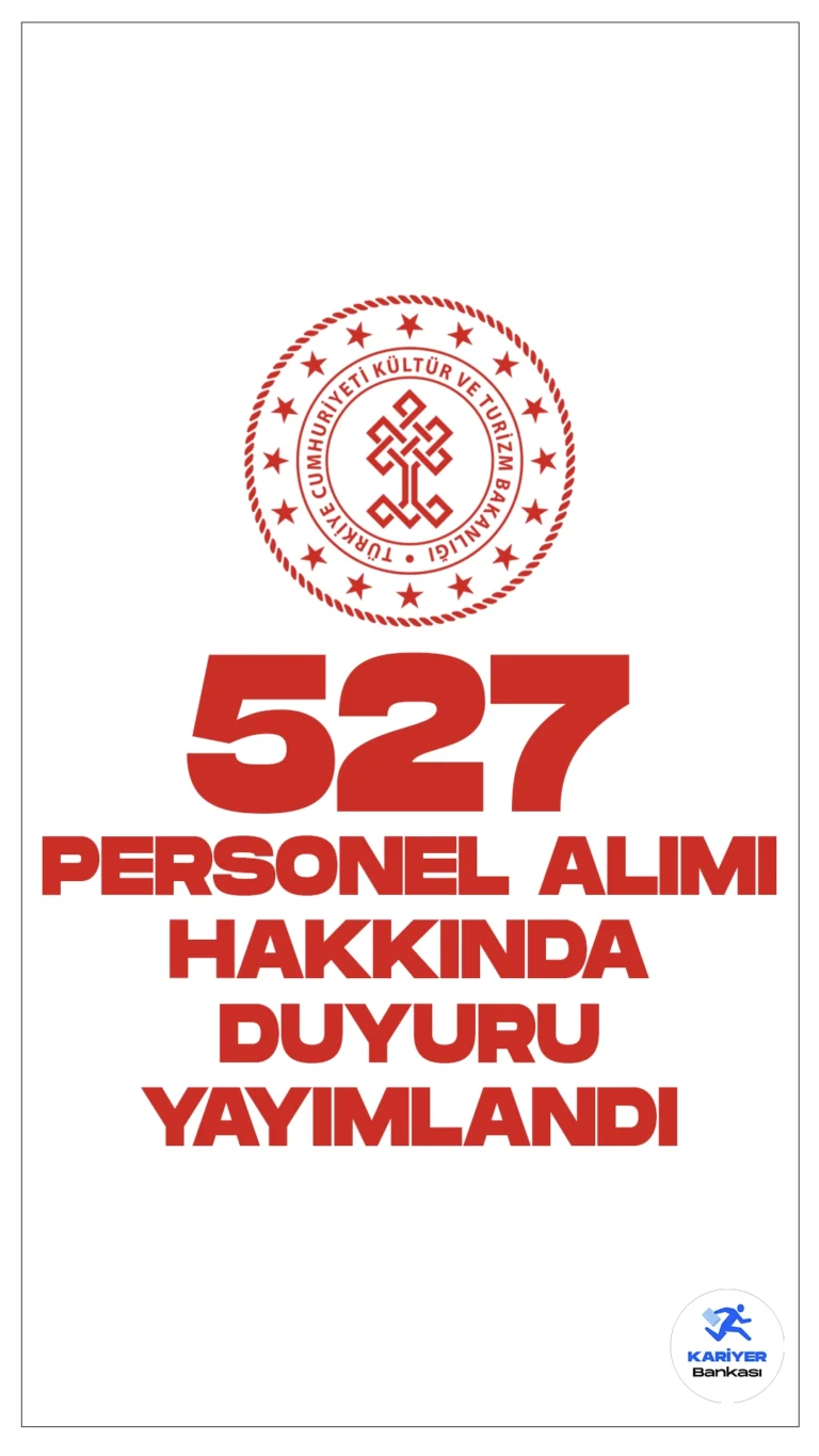 Kültür Bakanlığı 527 Personel Alımı Hakkında Duyuru Yayımlandı.Kültür ve Turizm Bakanlığı sayfasından yayımlanan duyuruda, 127 personel, 165 personel ve 235 personel olmak üzere toplamda 527 sözleşmeli personel alımı kapsamında yerleşen yedek adaylardan, istenilen belgelerin en geç 15 Mart 2024 tarihine kadar Bakanlığın belirtmiş olduğu adrese teslim etmeleri gerektiği kaydedildi.