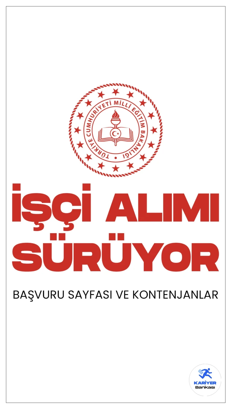 Milli Eğitim Bakanlığı (MEB) 26 İşçi Alımı Başvuruları Sürüyor.Türkiye İş Kurumu (İŞKUR) sayfası üzerinden yayımlanan duyurularda, Milli Eğitim Bakanlığı Destek Hizmetleri Genel Müdürlüğüne matbaa işçisi, elektrik-elektronik teknisyeni, makine teknisyeni, özel güvenlik görevlisi(silahlı) temizlik görevlisi, mobilya montajcısı ünvanlarında olmak üzere işçi alımı yapılacağı aktarıldı. Başvuru yapacak adaylarda KPSS şartı aranmaksızın, lise ve ön lisans mezunlarından işçi alımı gerçekleştirileceği kaydedildi. Başvuru yapacak adayların belirtilen genel ve özel şartları taşıması gerekmektedir.