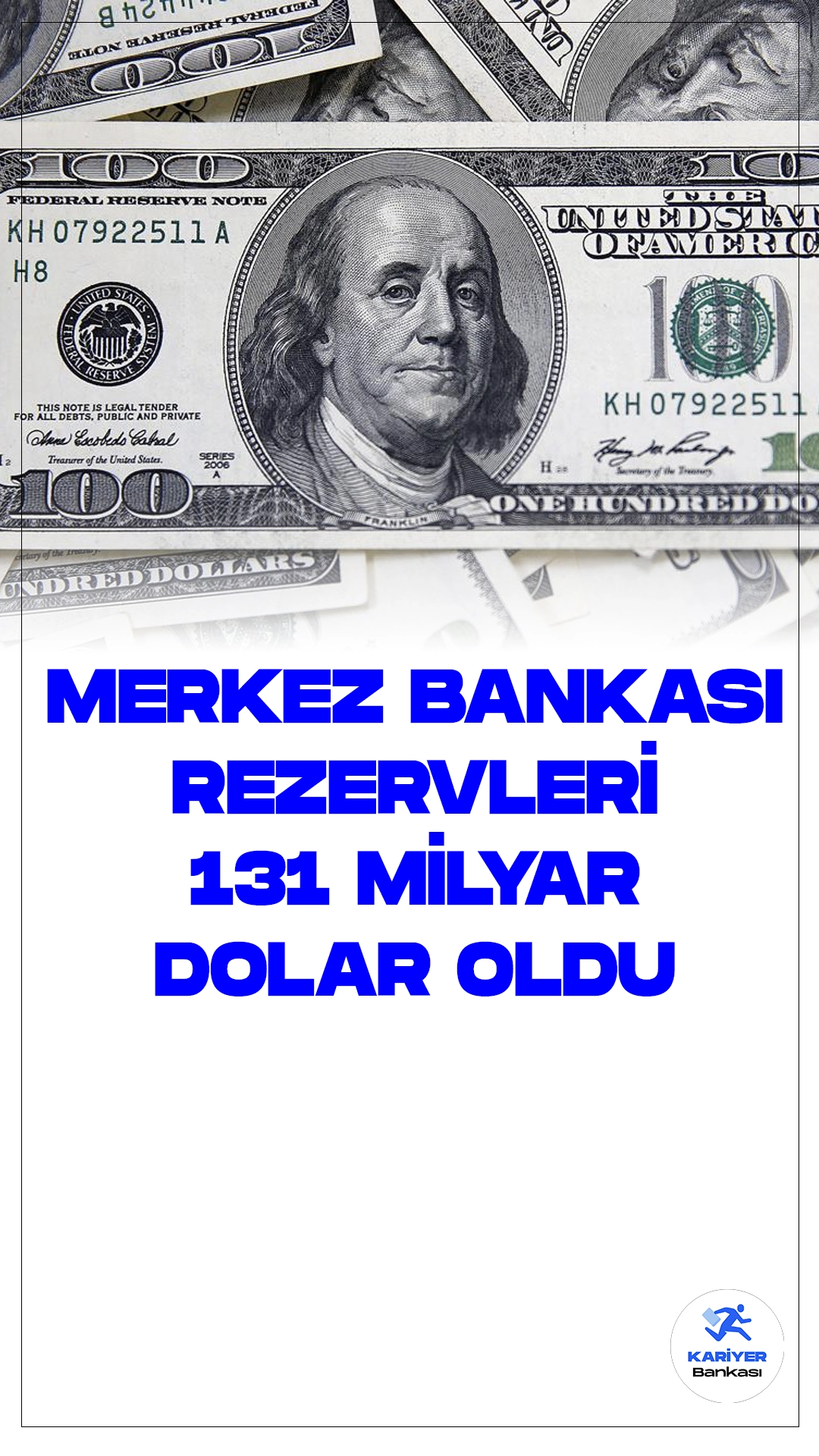 Merkez Bankası Rezervleri 131 Milyar Dolar Seviyesine Yükseldi.Türkiye Cumhuriyet Merkez Bankası (TCMB), 1 Mart haftasına ilişkin rezerv verilerini yayınladı. Toplam rezervler, bir önceki haftaya kıyasla 831 milyon dolarlık azalışla 130 milyar 919 milyon dolara düştü.