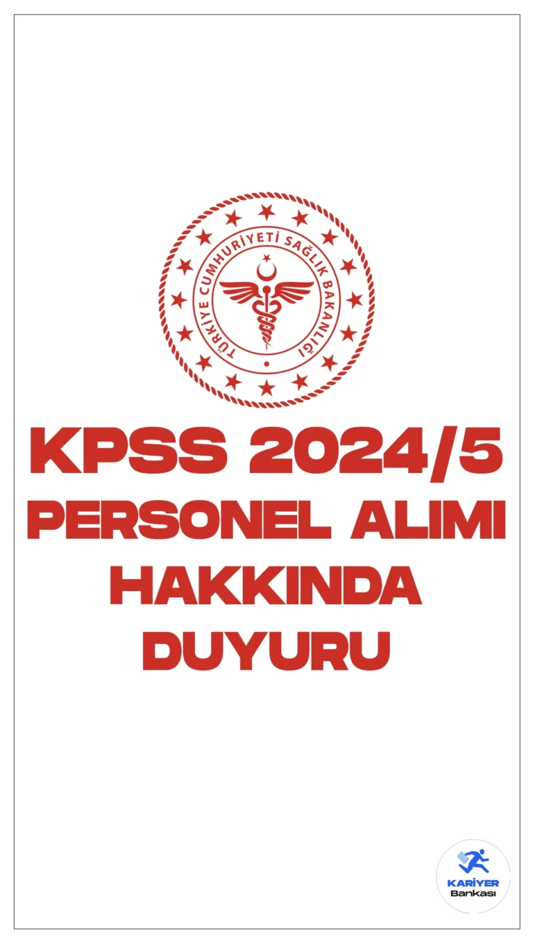 Sağlık Bakanlığı KPSS–2024/5 ile Sözleşmeli Personel Alımı Hakkında Duyuru Yayımlandı.Sağlık Bakanlığı Yönetim Hizmetleri Genel Müdürlüğü sayfasından yayımlanan duyuruda, KPSS 2024/5 tercihleri ile yerleştirmesi yapılan adaylardan gerekli evrakları belirtilen tarihler arasında teslim etmeleri gerektiği kaydedildi.