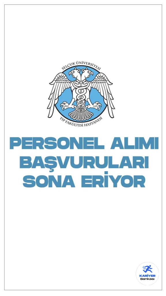 Selçuk Üniversitesi Tıp Fakültesi Hastanesi 110 Personel Alımı Sona Eriyor.İlgili alım duyurusuna göre, Selçuk Üniversitesi Tıp Fakültesi Hastanesi hemşire, eczacı, diğer sağlık personeli(dil ve konuşma terapisti), tekniker (biyomedikal), büro personeli, destek personeli(temizlik, hasta bakıcı), sağlık teknikeri( tıbbi görüntüleme, radyoterapi, diyaliz, fizyoterapi, elektronörofizyoloji) sağlık fizikçisi, destek personeli(aşçılık, şoför), koruma ve güvenlik görevlisi ünvanlarında sözleşmeli personel alımı yapacak. Başvuru yapacak adayların genel ve özel şartları sağlaması gerekmektedir.