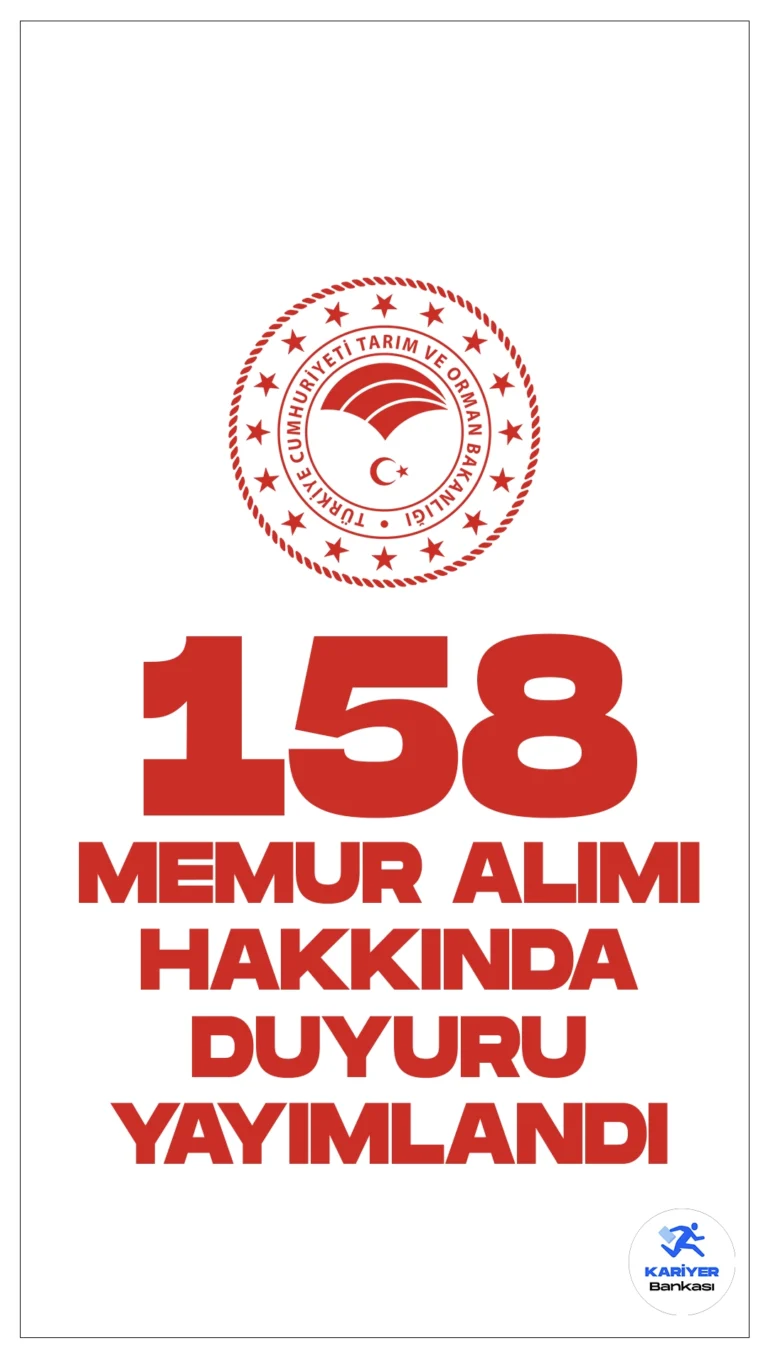 Tarım ve Orman Bakanlığı 158 Memur Alımı Hakkında Duyuru Yayımlandı. Tarım ve Orman Bakanlığı sayfasından yayımlanan duyuruda, Bakanlık merkez teşkilatına 158 tarım ve orman uzman yardımcısı alımı kapsamında yapılacak olan yarışma sınavına girmeye hak kazanan adayların 9 Şubat'ta ilan edildiği ve yapılacak sınav bilgileri ve giriş belgesinin yayımlandığı aktarıldı.