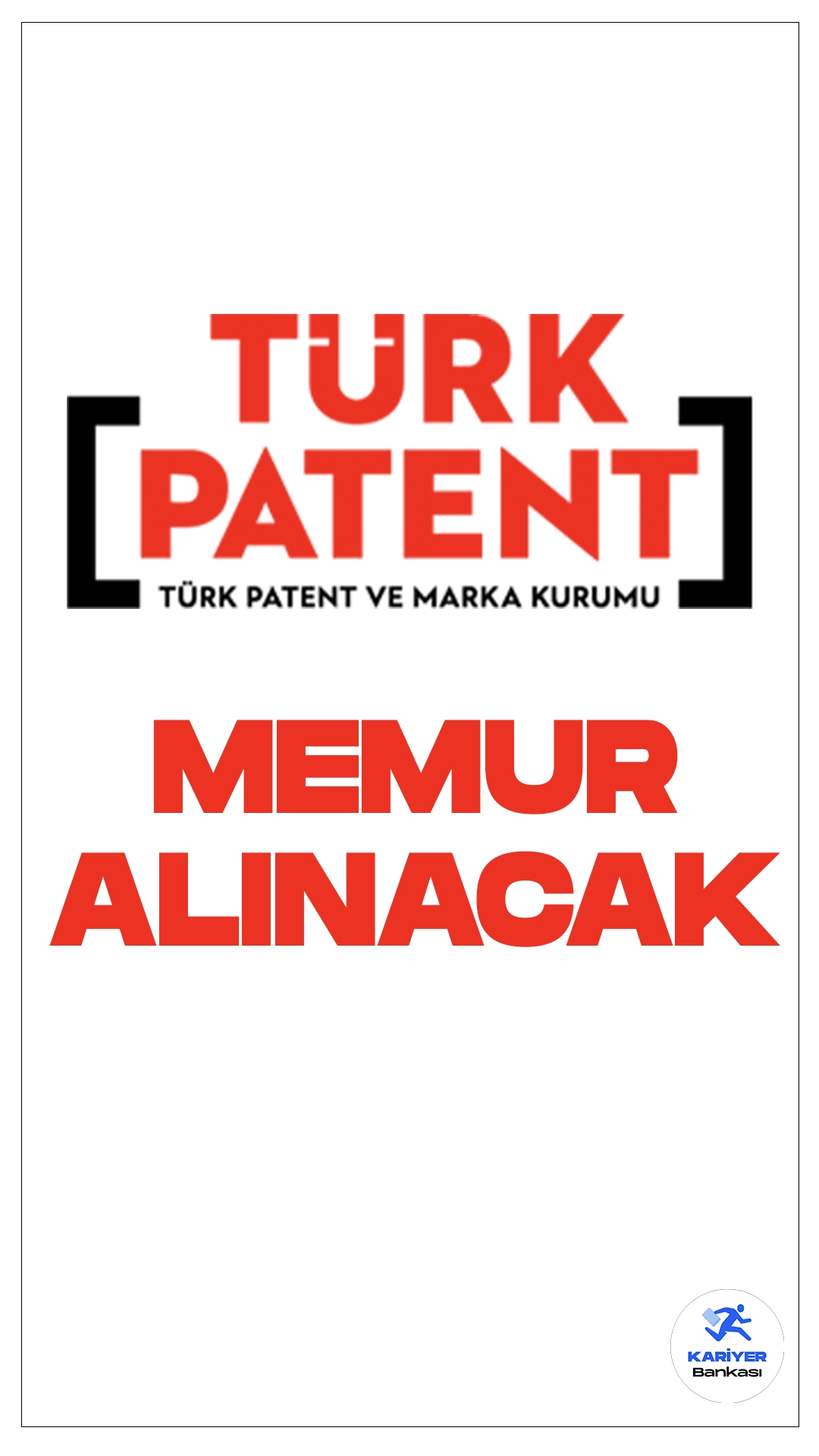 Türk Patent ve Marka Kurumu memur alımı yapacak. İlgili alım duyurusunda, "Türk Patent ve Marka Kurumu Sınai Mülkiyet Uzmanlığı Yönetmeliği hükümleri uyarınca Kurumumuzda Sınai Mülkiyet Uzmanı olarak yetiştirilmek üzere, sözlü giriş sınavı ile aşağıda bölümü, unvanı, sınıfı, derecesi, kadro sayısı, KPSS puan türü ve taban puanı ile YDS taban puanı belirtilen toplam 30 (otuz) adet Sınai Mülkiyet Uzman Yardımcısı kadrosuna personel alınacaktır." ifadeleri yer aldı.