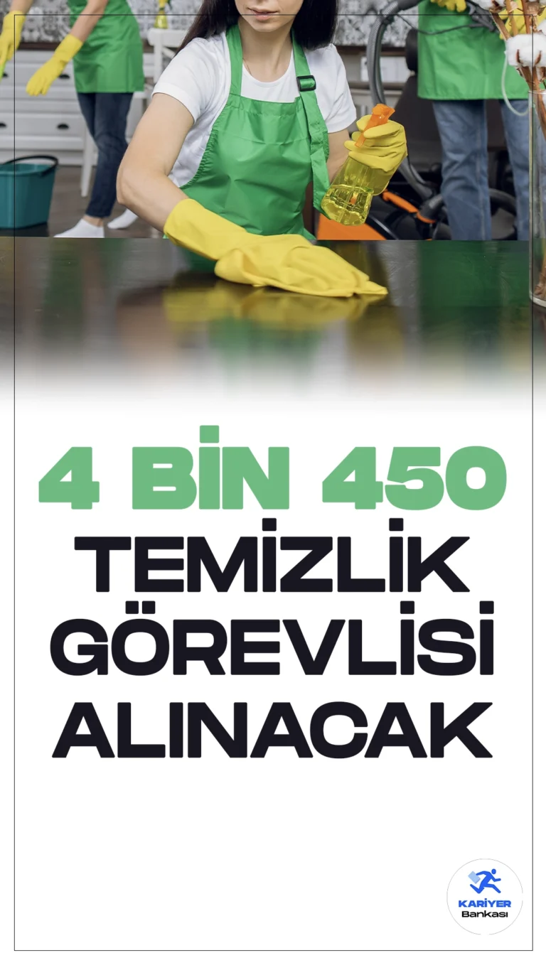 4 Bin 450 Temizlik Görevlisi Alınacak.Türkiye İş Kurumu (İŞKUR) sayfasından temizlik görevlisi alımı için duyurular art arda yayımlandı. Özel sektör firmaları tarafından yayımlanan duyurularda, en az ilkokul mezunu 4450 temizlik görevlisi alımı yapılacağı aktarıldı.