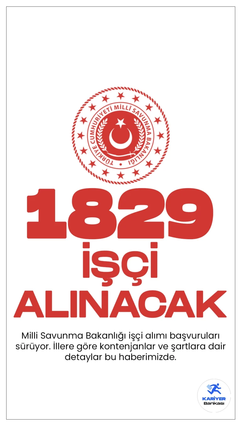 Milli Savunma Bakanlığı (MSB) 1829 İşçi Alımı Sürüyor.Başvuru şartları, illere göre kontenjanlar ve başvuru bilgilerine dair detaylar bu haberimizde.
