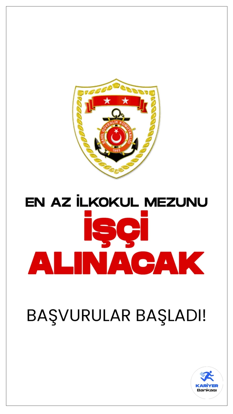 Sahil Güvenlik Komutanlığı 28 İşçi Alımı için Başvurular Başladı.Resmi Gazete'de yayımlanan duyuruya göre, Sahil Güvenlik Komutanlığına bağlı Sahil Güvenlik Karadeniz Onarım Destek Komutanlığında istihdam edilmek üzere işçi alımı yapılacak. Başvuru işlemleri 22 Nisan 2024 tarihine kadar sürecek. Başvuru yapacak adayların belirtilen şartları sağlaması gerekmektedir.