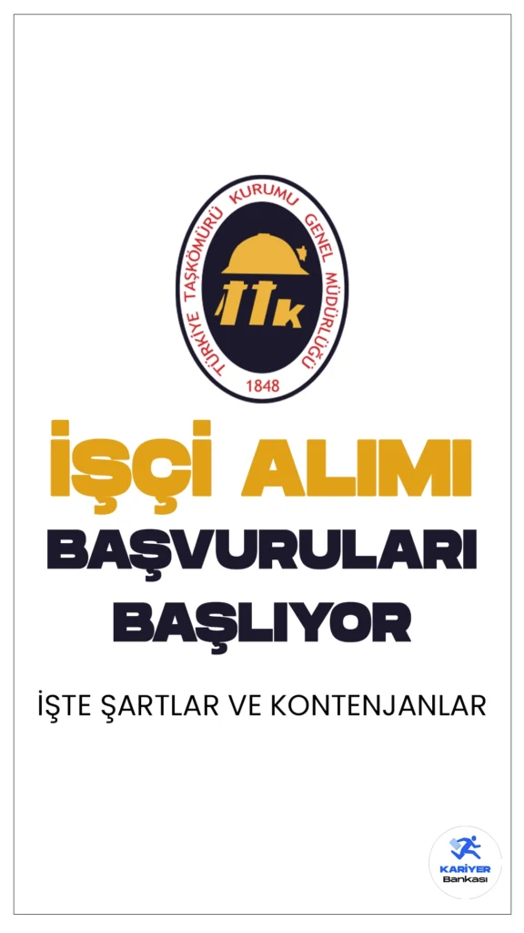Türkiye Taş Kömürü Kurumu (TTK) 44 işçi Alımı Başvuruları Başlıyor.Cumhurbaşkanlığı SBB'de yayımlanan duyuruda, Türkiye Taş Kömürü Kurumuna (TTK) kuvvetli akım tesisatçısı, kaynakçı, mekanizasyon-pres işçisi, numuneci-maden ocağı, motor imalat bakım ve onarım işçisi, mekaniker(kompresör), vinç operatörü ünvanlarında kura ile sürekli işçi alımı yapılacağı aktarılırken, başvuruların 16 Nisan'da başlayacağı kaydedildi. İşte şartlar ve kontenjanlar...
