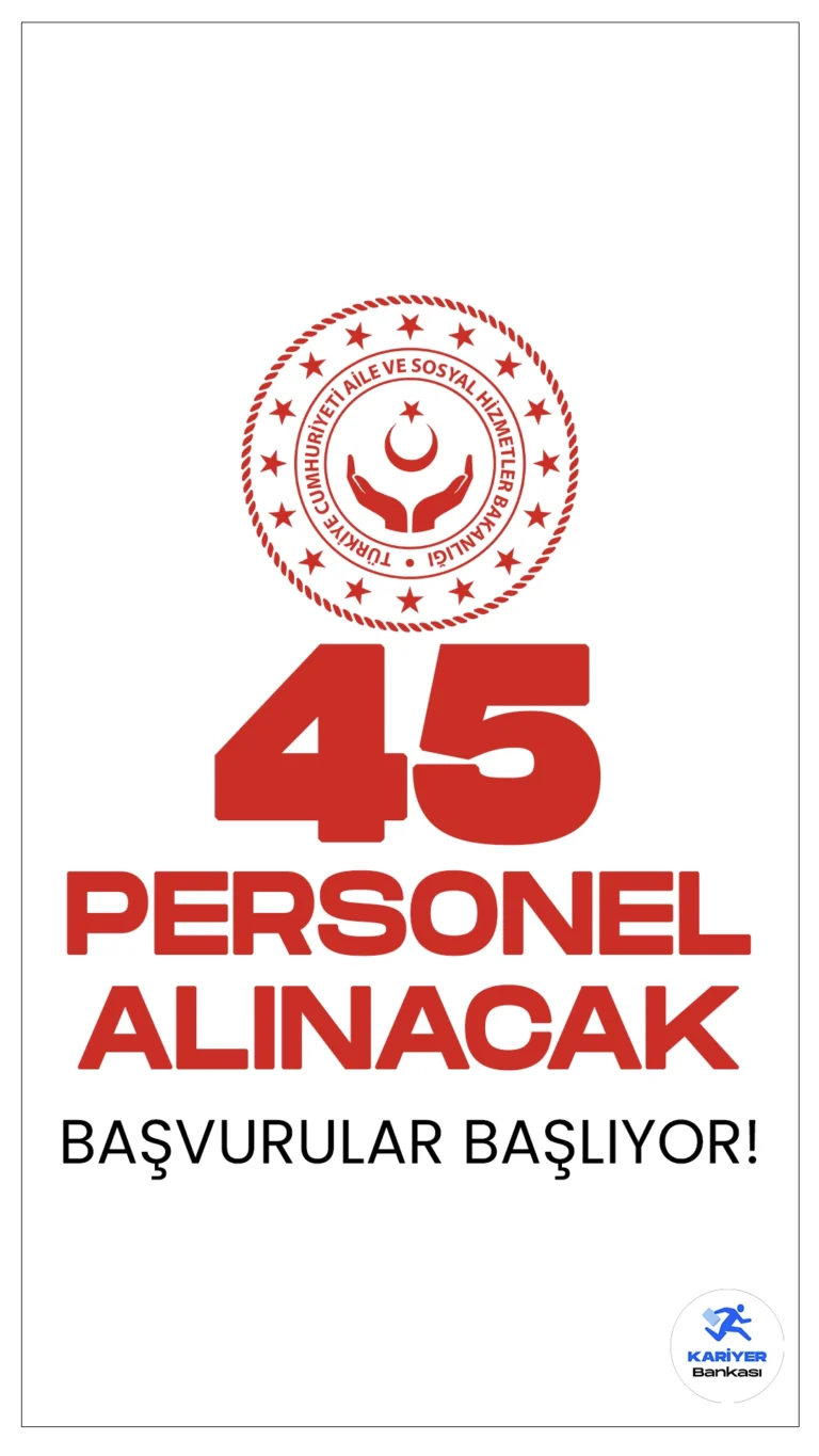 Aile ve Sosyal Hizmetler Bakanlığı (ASHB) 45 Personel Alımı Başvuruları Başlıyor.Resmi Gazete'de yayımlanan duyuruda, Aile ve Sosyal Hizmetler Bakanlığına 18 farklı ünvanda olmak üzere sözleşmeli personel alımı yapılacağı aktarıldı. Başvurular yarın (24 Nisan) başlıyor.
