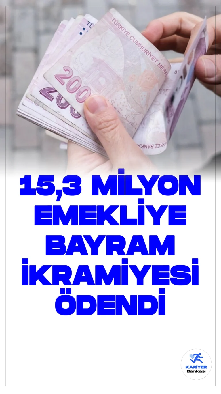 15,3 Milyon Emekliye Bayram İkramiyesi Ödendi.Emeklilere Ramazan Bayramı'nda verilen ikramiye, refahlarını artırmak amacıyla başlatılan bir uygulama olarak 2018'de hayata geçirildi. Bu uygulama ile Ramazan ve Kurban Bayramları'nda emeklilere ve hak sahiplerine ödemeler yapılmaktadır.