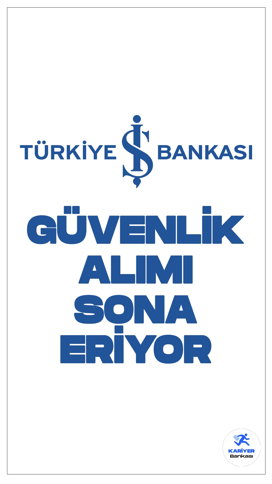 İş Bankası Güvenlik Alımı Sona Eriyor.Türkiye İş Bankası sayfasından yayımlanan duyuruda, İş Bankası Genel Müdürlüğünde çalıştırılmak üzere silahlı güvenlik görevlisi alımı yapılacağı aktarılmış, başvurular duyurunun yayımlanmasıyla birliktike başlamıştı. İşlemler bugün(22 Nisan) sona eriyor. Başvurular İş Bankası sayfasından online olarak gerçekleştirilecek. Başvuru yapacak adayların belirtilen şartları taşıması gerekmektedir.