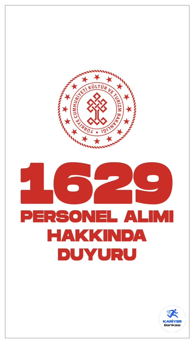 Kültür Bakanlığı 1629 Personel Alımı Hakkında Duyuru Yayımlandı. Kültür ve Turizm Bakanlığı sayfasından yayımlanan duyuruda,  25.01.2024-08.02.2024 tarihleri arasında başvuruları alınan 1629 personel alımı kapsamında, atamaya esas belgeleri belirtilen tarihler arasında teslim etmeyen asil adayların en geç 22 Nisan 2024 tarihine kadar evraklarını teslim etmeleri gerektiği aktarıldı.