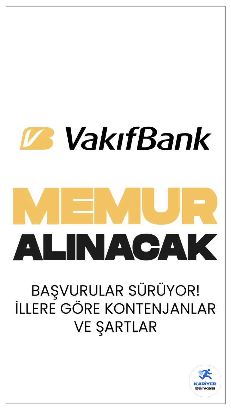 Vakıfbank 769 Memur Alımı Başvuruları Sürüyor.Vakıfbank sayfasından yayımlanan duyuruya göre, Vakıfbank'a sınavla Müfettiş Yardımcısı, BT müfettiş yardımcısı, Kontrolör Yardımcısı, BT Kontrolör Yardımcısı ünvanlarında memur alımı yapılacak. Başvurular 16 Nisan 2024 tarihine kadar sürecek.Başvuru sayfası, şartları ve kontenjan dağılımına dair tüm detaylar haberimizde.