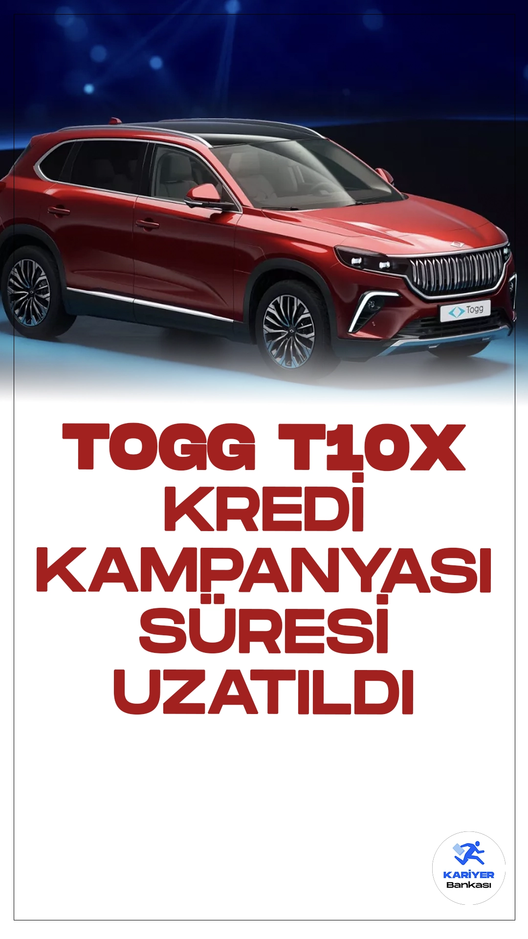 Togg'a Özel Finansman Desteğinde Süre Uzatıldı.Türkiye'nin yerli ve milli otomobili Togg'un T10X modeline özel 800 bin liralık kredi kampanyasının süresi uzatıldı. Bu özel kampanya, 26 Mayıs Pazar günü sonuna kadar devam edecek.
