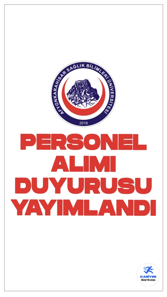 Afyonkarahisar Sağlık Bilimleri Üniversitesi (AFSÜ) 8 Personel Alımı Yapacağını Duyurdu.Afyonkarahisar Sağlık Bilimleri Üniversitesi Rektörlüğü, 657 Sayılı Devlet Memurları Kanunu'nun 4. maddesinin (b) fıkrası uyarınca sözleşmeli personel alımı yapacağını duyurdu. Üniversitenin Sağlık Uygulama ve Araştırma Merkezi ile Ağız ve Diş Sağlığı Uygulama ve Araştırma Merkezi Müdürlükleri için toplamda 8 sözleşmeli personel istihdam edilecek.