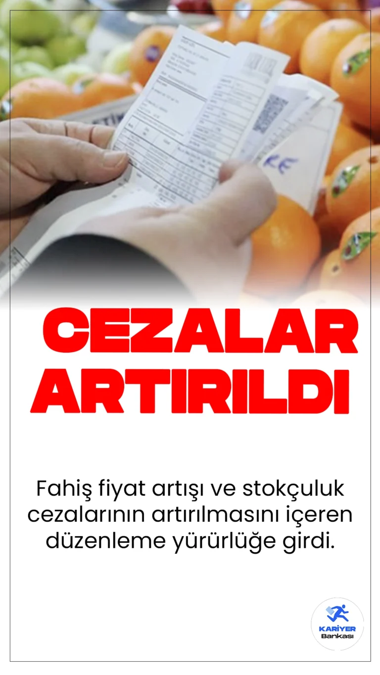 Fahiş Fiyat ve Stokçuluğun Cezaları Artırıldı.Fahiş fiyat artışı ve stokçuluk cezalarının artırılmasını içeren düzenleme yürürlüğe girdi. Fahiş fiyat uygulayan işletmelere ceza tutarı 100 bin liradan 1 milyon liraya, stokçuluk yapan işletmelere ise 1 milyon liradan 12 milyon liraya yükseltildi.