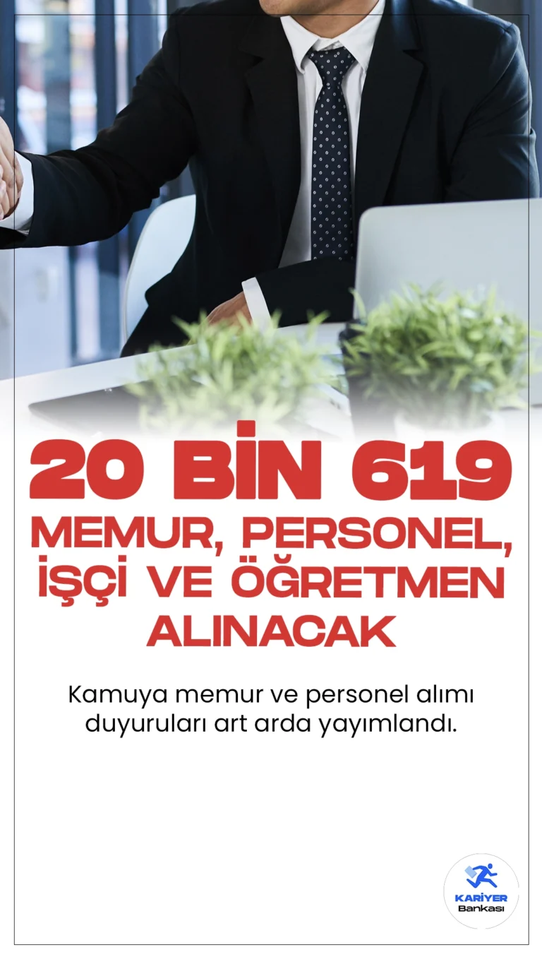 Kamuya 20 Bin 619 Memur, Personel ve İşçi Alımı Yapılacak. Resmi Gazete’de ve Cumhurbaşkanlığı SBB’de yayımlanan duyurularda, Bakanlık, Üniversite, Belediye ve kurumlara memur, sözleşmeli personel, işçi ve öğretmen alımı yapılacağı aktarıldı. Başvuru yapacak adayların belirtilen şartları taşıması gerekmektedir.