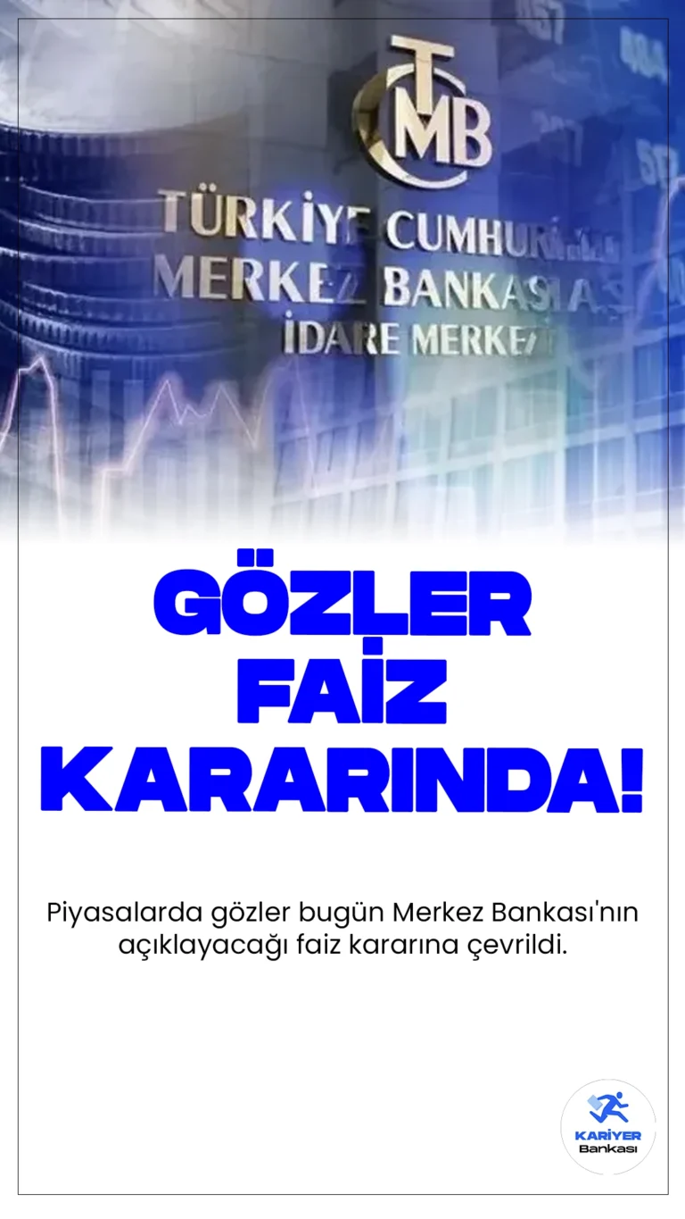 Gözler Merkez Bankası'nın Faiz Kararında.Piyasalarda gözler bugün Merkez Bankası'nın açıklayacağı faiz kararına çevrildi. Para Politikası Kurulu, saat 14.00'te yılın beşinci faiz kararını açıklayacak.