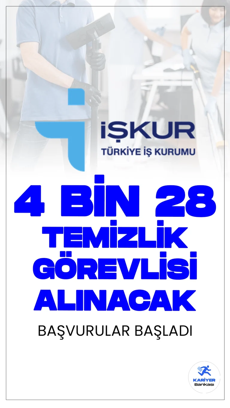 4 Bin 28 Temizlik Görevlisi Alınacak. İŞKUR üzerinden temizlik görevlisi alımı duyuruları art arda geldi. Türkiye İş Kurumu sayfası üzerinden özel sektör firmaları tarafından yayımlanan duyurulara göre, en az ilkokul mezunlarından olmak üzere 4 bin 28 temizlik görevlisi alımı yapılacak. Başvurular İŞKUR üzerinden gerçekleştirilecek. Başvuru yapacak adayların şartları sağlaması gerekmektedir.