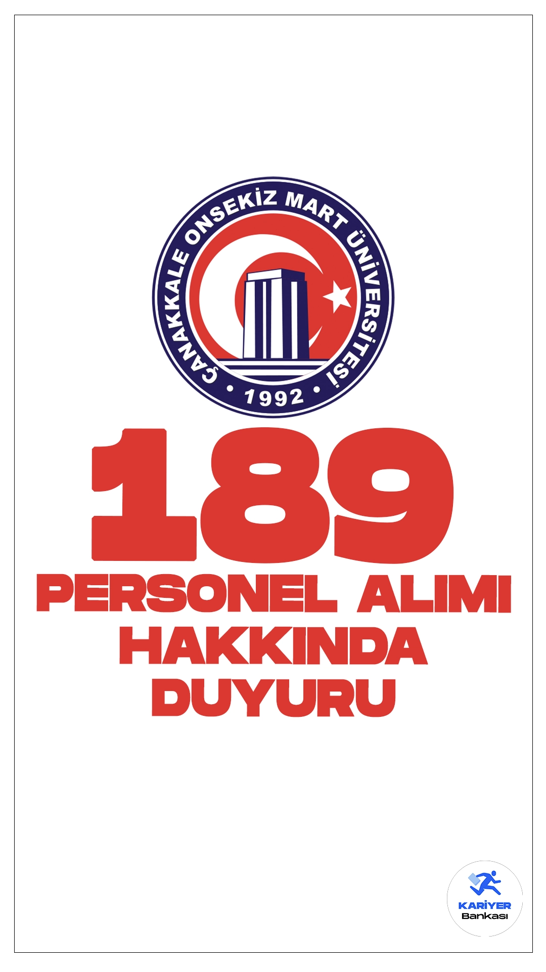 ÇOMÜ 189 Personel Alımı Sonuçları Açıklandı. Çanakkale Ondokuz Mart Üniversitesi Personel Daire Başkanlığı sayfasından yayımlana duyuruda, 657 Sayılı Devlet Memurları Kanunu’nun 4/B maddesi uyarınca 189 Sözleşmeli Personel alım ilanına yapılan başvuruların ön değerlendirme sonuçları açıklanmış olup adayların https://ilan.comu.edu.tr/ web adresine kendi kullanıcı adı ve şifresiyle giriş yaparak sonuçları öğrenebilecekleri aktarıldı.