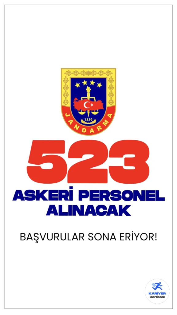 Jandarma 523 Askeri Personel Alımı Sona Eriyor.Jandarma Genel Komutanlığı, 323 astsubay ve 200 subay alımı olmak üzere toplamda 523 askeri personel alımı yapacak.Başvuru işlemleri yarın(25 Temmuz) sona erecek. Başvuru yapacak adayların genel şartların yanı sıra, özel şartları da sağlaması gerekmektedir.