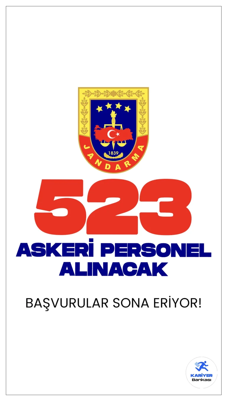 Jandarma 523 Askeri Personel Alımı Sona Eriyor.Jandarma Genel Komutanlığı, 323 astsubay ve 200 subay alımı olmak üzere toplamda 523 askeri personel alımı yapacak.Başvuru işlemleri yarın(25 Temmuz) sona erecek. Başvuru yapacak adayların genel şartların yanı sıra, özel şartları da sağlaması gerekmektedir.