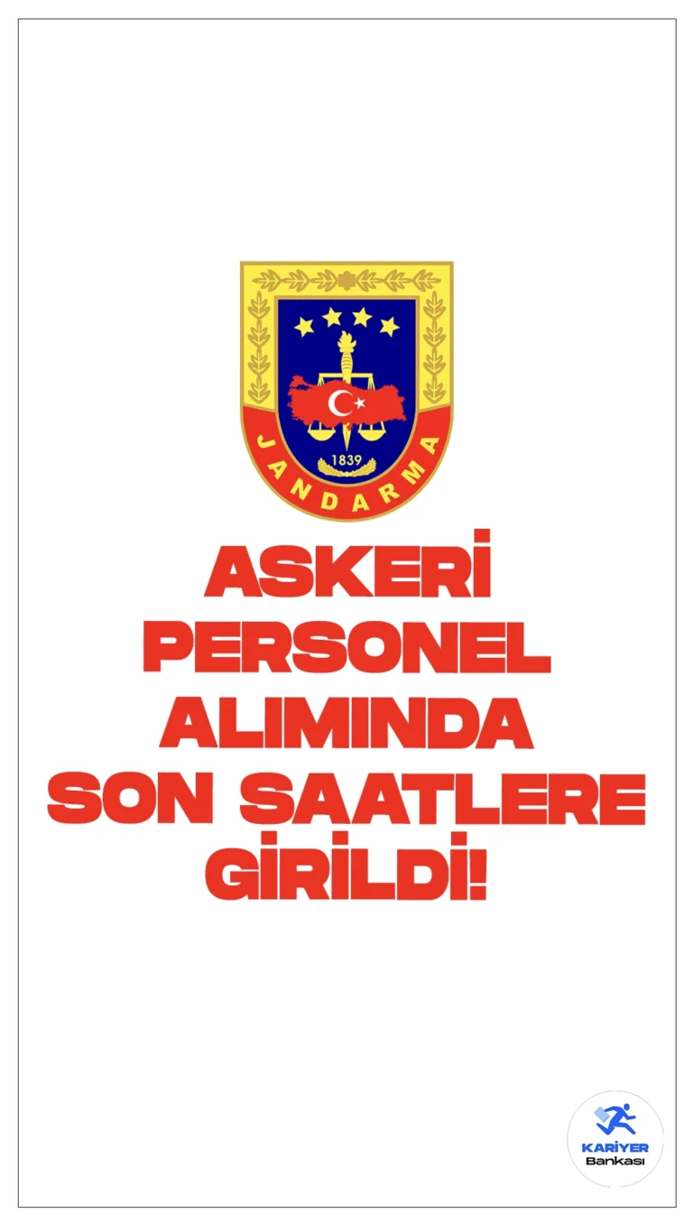 Jandarma 523 Askeri Personel Alımında Son Saatler.Cumhurbaşkanlığı SBB'de yayımlanan duyurularda, Jandarma Genel Komutanlığı, 323 astsubay ve 200 subay alımı olmak üzere toplamda 523 askeri personel alımı yapılacağı aktarılırken, başvuruların bugün (25 Temmuz) sona ereceği kaydedildi. Başvuru yapacak adayların genel ve özel şartları taşıması gerekmektedir.