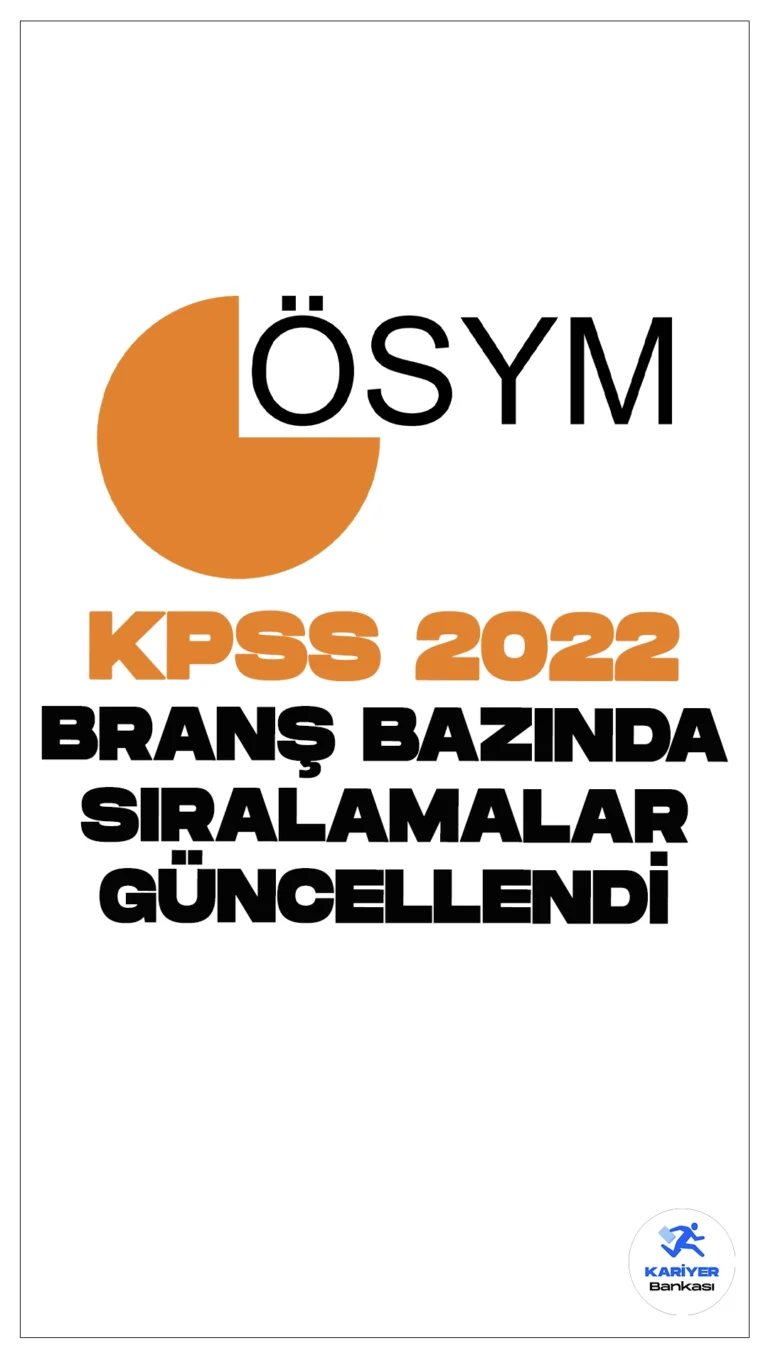 2022 KPSS Lisans, Ön Lisans ve Ortaöğretim Branş Bazında Sıralamalar Güncellendi.ÖSYM sayfasından yayımlanan duyuruda 2022 Kamu Personel Seçme Sınavına (2022-KPSS Lisans, Ön Lisans ve Ortaöğretim) katılan adayların sınav sonuçlarına göre branş bazında sıralamaları güncellendiği ve ÖSYM Aday İşlemleri Sistemine yansıtıldığı aktarıldı.