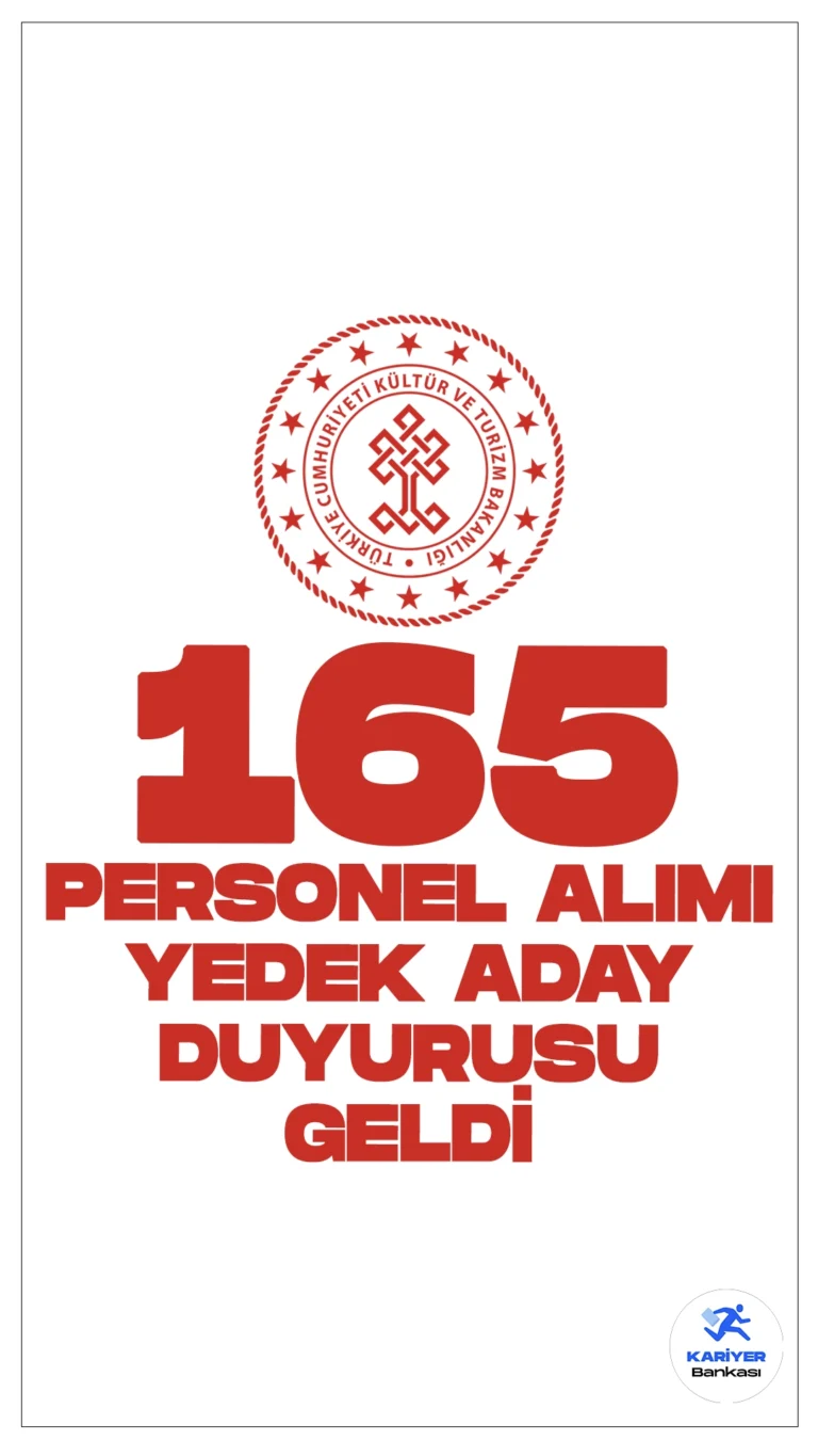 Kültür Bakanlığı 165 Personel Alımı Hakkında Duyuru Geldi. Kültür ve Turizm Bakanlığı sayfasından yayımlanan duyuruda, başvuruları 17.03.2023- 31.03.2023 tarihleri arasında alınan 165 Sözleşmeli Personel Alımı kapsamında, atamaya esas belgelerini teslim etmeyen, feragat eden ve kriterleri tutmayan adayların yerine yerleştirilen YEDEK ADAYLARIN açıklandığı aktarıldı.