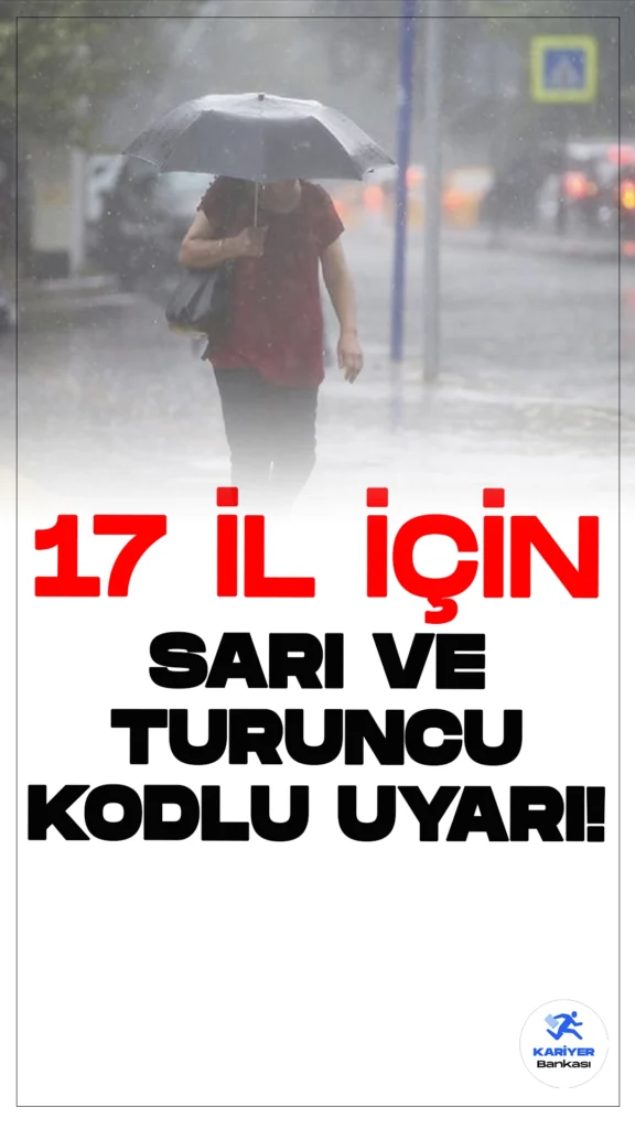 MGM'den 17 İl için Turuncu ve Sarı Kodlu Uyarı.Marmara'nın kuzeybatısı, Batı Karadeniz'in iç kesimleri ve Doğu Akdeniz'de etkili olacak sağanak ve gök gürültülü sağanak yağışlar nedeniyle 17 ilde kuvvetli yağış uyarısı yapıldı. Meteoroloji Genel Müdürlüğü'nün tahminlerine göre, bu bölgelerde yağışların kuvvetli ve yer yer çok kuvvetli olması bekleniyor.