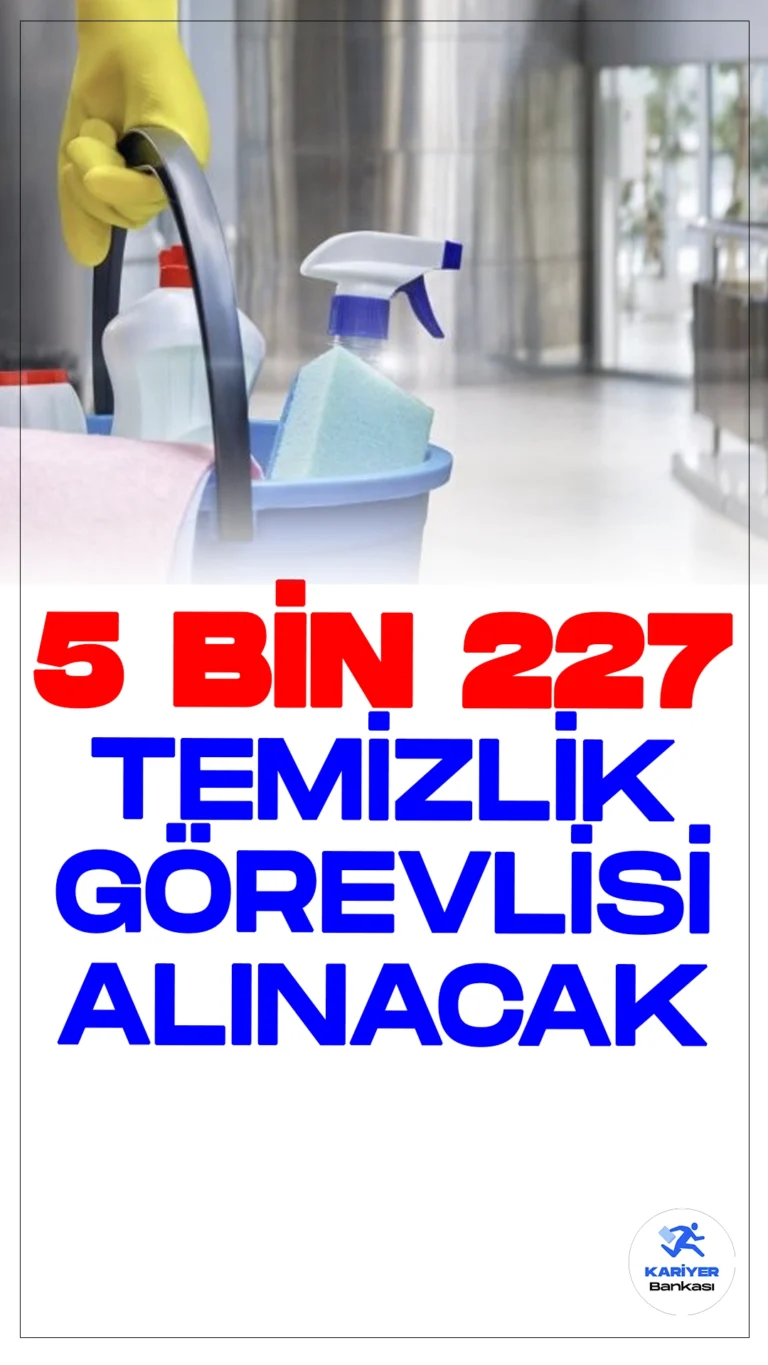İŞKUR Üzerinden 5 Bin 227 Temizlik Görevlisi Alınacak.Türkiye İş Kurumu sayfasından temizlik görevlisi alımı duyuruları peş peşe yayımlandı. İŞKUR sayfası üzerinden özel sektör firmaları tarafından yayımlanan duyurulara göre, en az ilkokul mezunlarından 5227 temizlik görevlisi alımı yapılacak. Başvuru yapacak adayların belirtilen şartları sağlaması gerekmektedir.