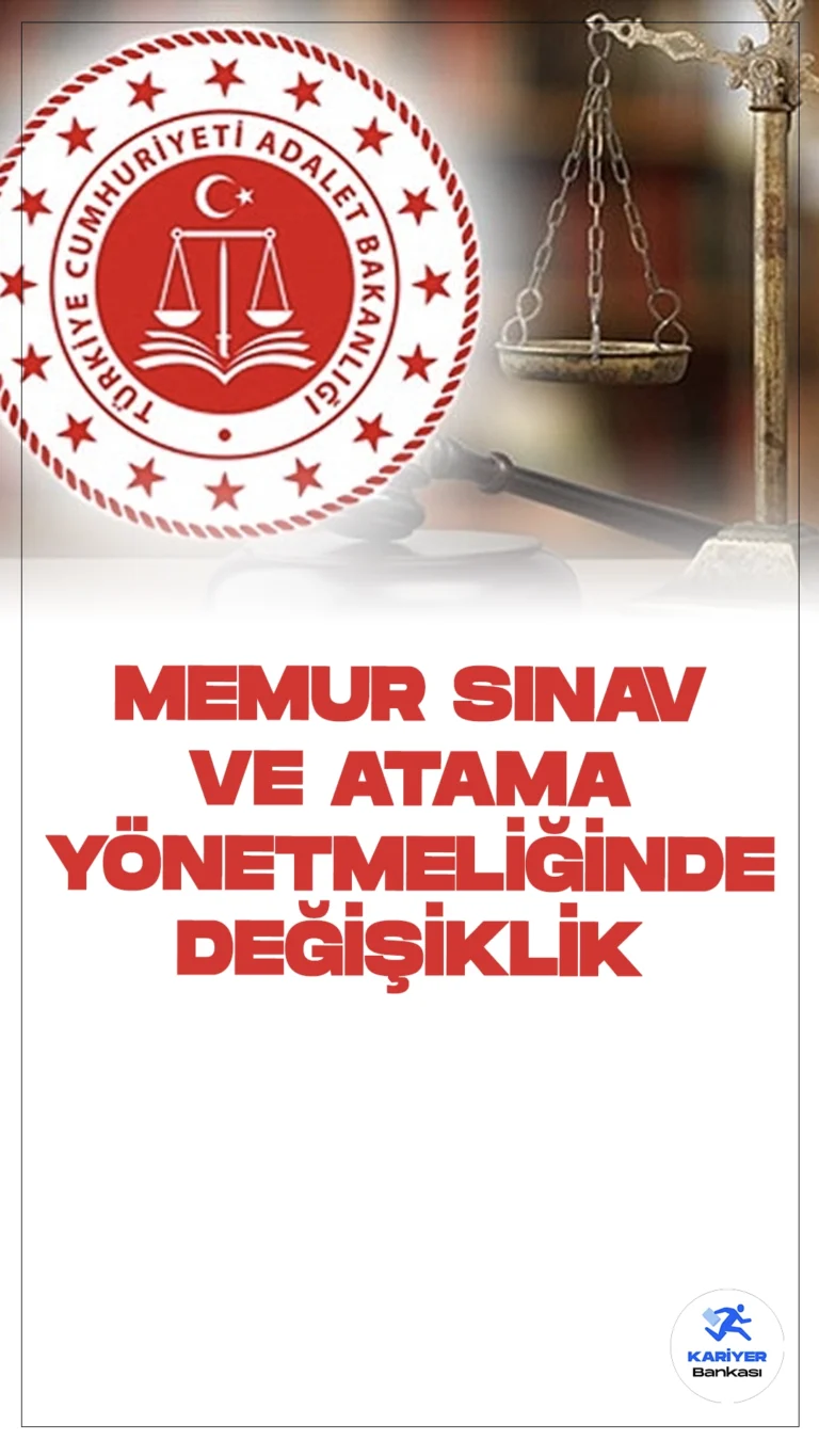 Adalet Bakanlığı Memur Sınav ve Atama Yönetmeliğinde Değişlik Yapıldı.Resmi Gazete'nin 29 Ağustos 2024 tarihli yayımlanan duyurusunda, Adalet Bakanlığı Memur Sınav, Atama ve Nakil Yönetmeliğinin 6 ncı maddesinin birinci fıkrasının (5) numaralı bendinde yer alan “Koruma güvenlik” ibaresi “Koruma ve güvenlik” şeklinde değiştirildiği, aynı Yönetmeliğin 9/A maddesinin birinci fıkrasında yer alan “merkezî sınava girip” ibaresinden sonra gelmek üzere “; koruma ve güvenlik görevlisi kadrosu için en az altmış puan, diğer kadrolar için ise” ibaresinin eklendiği aktarıldı.