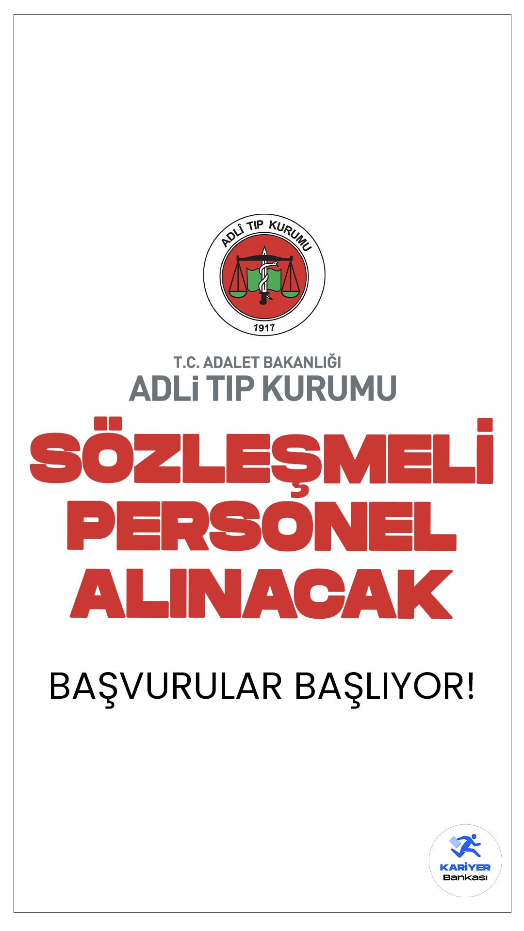 Adli Tıp Kurumu (ATK) 80 Personel Alımı Başvuruları 5 Ağustos'ta Başlıyor.Adli Tıp Kurumu, merkez ve taşra teşkilatında görevlendirilmek üzere sözleşmeli personel alımı yapacak.Resmi Gazete’de yayımlanan duyuruya göre, Adli Tıp Kurumuna İKM, koruma ve güvenlik görevlisi, destek personeli(hizmetli, şoför), büro personeli, tekniker, mühendis, laborant, hemşire, biyolog ve psikolog ünvanlarında personel alımı başvuruları yarın(5 Ağustos) başlıyor.İşte şartlar ve başvuru bilgileri.