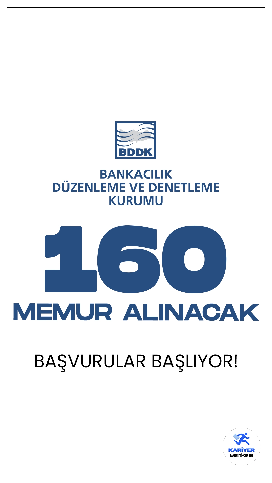 Bankacılık Düzenleme ve Denetleme Kurumu (BDDK) 160 Memur Alımı Başvuruları Başlıyor.Resmi Gazete'de yayımlanan duyuruya göre, BDDK'ya, İstanbul'da istihdam edilmek üzere çeşitli pozisyonlarda meslek personeli alımı yapılacak. Başvurular 28 Ağustos'ta başlıyor.Başvuru yapacak adayların genel şartların yanı sıra, özel şartları da sağlaması gerekmektedir.