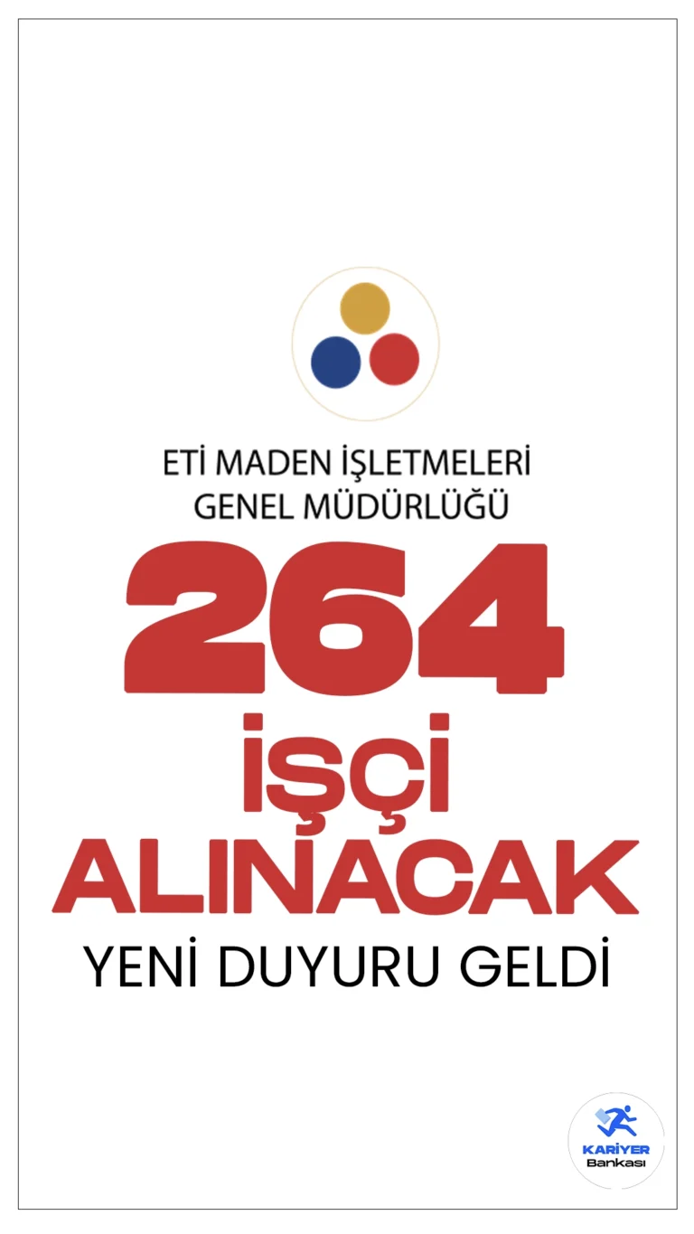 Eti Maden 264 İşçi Alımı Duyurusu Yayımlandı. Cumhurbaşkanlığı Strateji ve Bütçe Başkanlığı Kamu İlan sayfasından yayımlanan duyuruya göre, Eti Maden İşletmeleri Genel Müdürlüğüne en az lise mezunlarından sürekli işçi alımı yapılacağı aktarıldı. Başvuru yapacak adayların genel şartların yanı sıra, özel şartları da sağlaması gerekmektedir.
