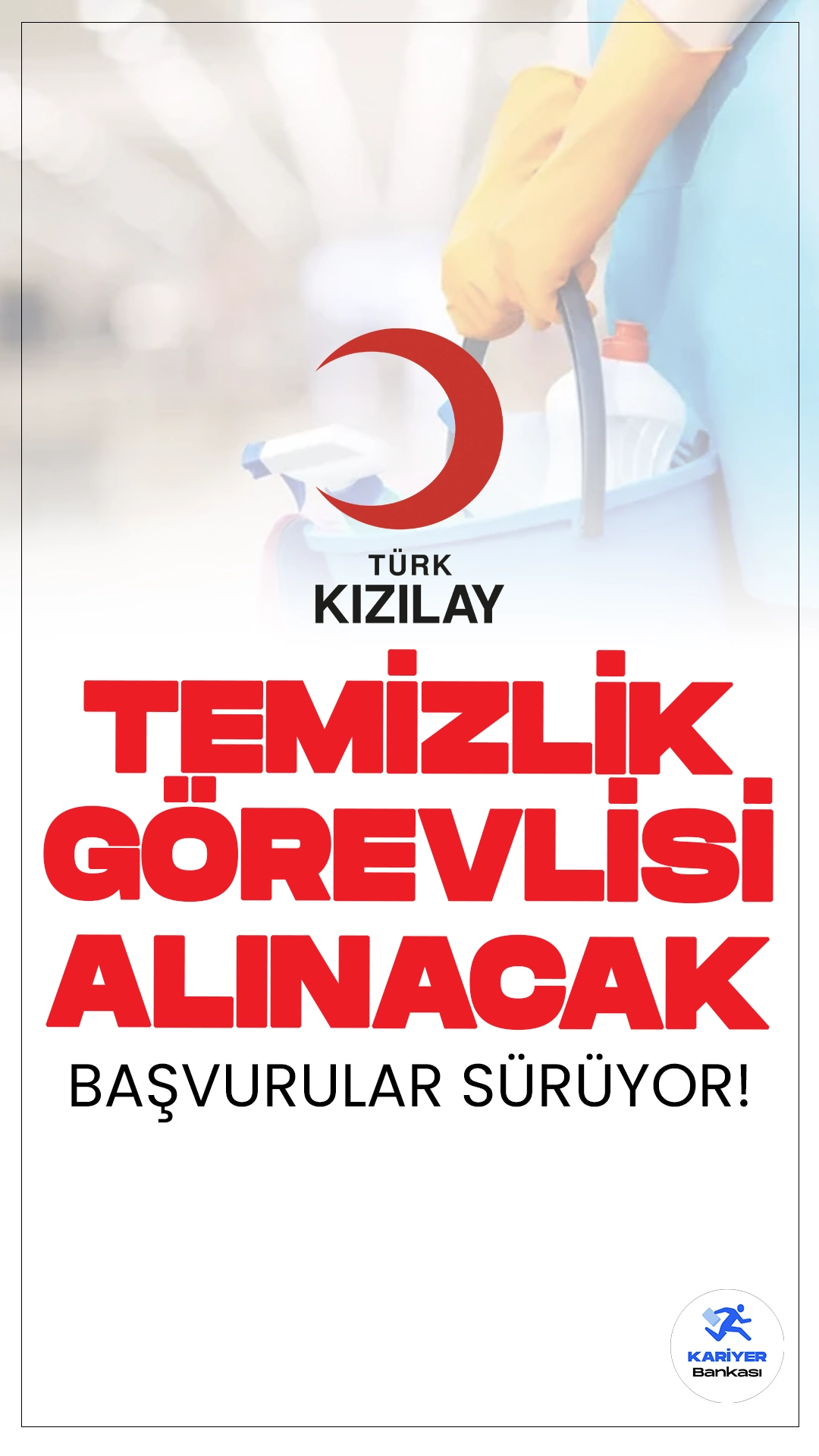 Kızılay Temizlik Görevlisi Alımı için Başvurular Devam Ediyor.İlgili alım duyurusuna göre, Kızılay'a en az ilköğretim mezunu adaylar arasından olmak üzere Temizlik Görevlisi alımı yapılacak. İstanbul'daki bakım biriminde görevlendirilmek üzere yapılacak bu alımda, adayların belirtilen başvuru şartlarını sağlaması gerekmektedir.