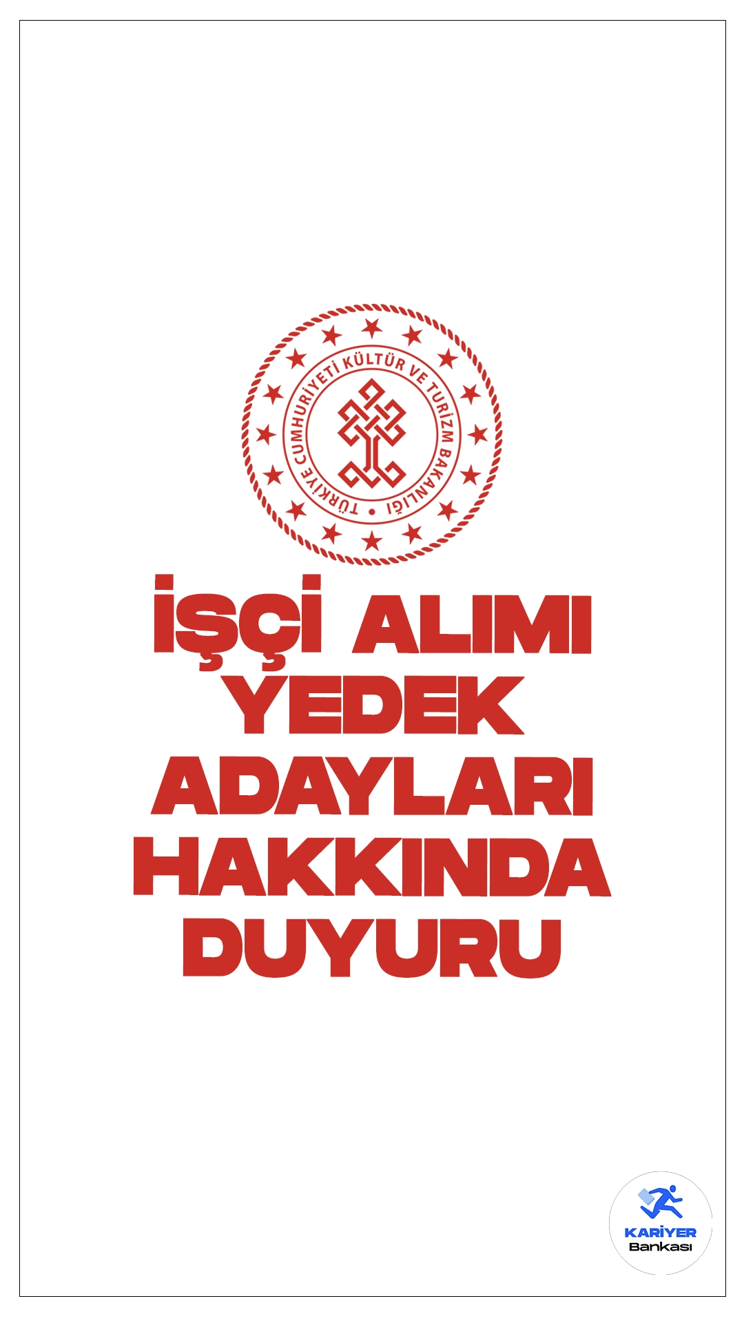 Kültür Bakanlığı KAB 19 İşçi Alımı Hakkında Duyuru Yayımlandı.Kültür ve Turizm Bakanlığı sayfasından yayımlanan duyuruda, Kapadokya Alan Başkanlığı 19 sürekli işçi alımı kapsamında, 06/05/2024-07/05/2024 tarihleri arasında gerçekleştirilen sözlü sınav sonucunda, 08/08/2024 tarihine kadar atamaya esas belgelerini teslim etmeyen, feragat eden ve kriterleri tutmayan adayların yerine yerleştirilen YEDEK ADAYLARIN listesinin açıklandığı aktarıldı.
