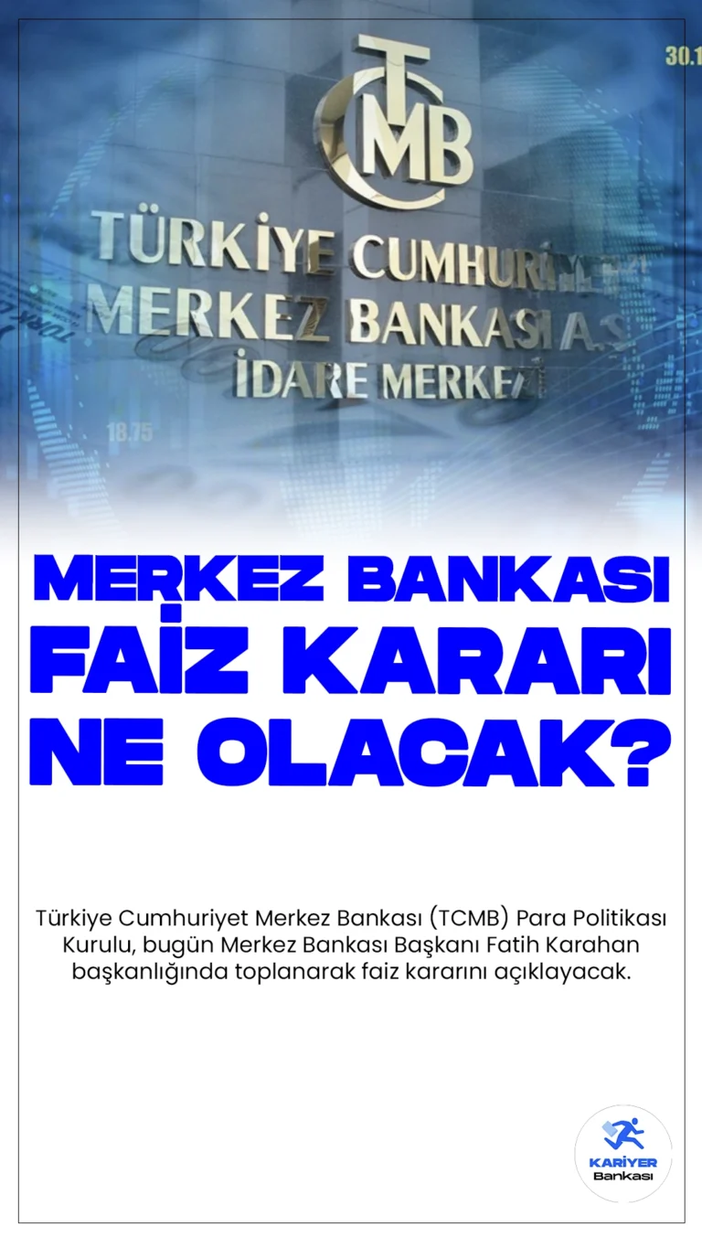 Merkez Bankası Faiz Kararını Bugün Açıklayacak.Türkiye Cumhuriyet Merkez Bankası (TCMB) Para Politikası Kurulu, bugün Merkez Bankası Başkanı Fatih Karahan başkanlığında toplanarak faiz kararını açıklayacak. Bir önceki toplantıda politika faizi yüzde 50 seviyesinde sabit tutulmuştu. Piyasalarda ise bu ay sonu için beklentiler politika faizinin yüzde 50’de kalacağı yönünde. Ancak, 3 ay sonrası için bu oran yüzde 48,10’a düşüyor.