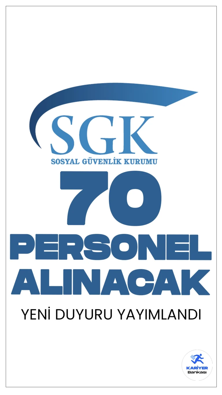 SGK 70 Personel Alımı Yapacak.Resmi Gazete'de yayımlanan duyuru göre, T.C. Sosyal Güvenlik Kurumu (SGK), 375 sayılı Kanun Hükmünde Kararname uyarınca, sözleşmeli bilişim personeli alacak. Bu personeller, Hizmet Sunumu Genel Müdürlüğü'nde istihdam edilecek. Alım süreci, sözlü sınav başarı sırasına göre yapılacak ve 10 katı aday, KPSS ve YDS puanları esas alınarak belirlenecek.