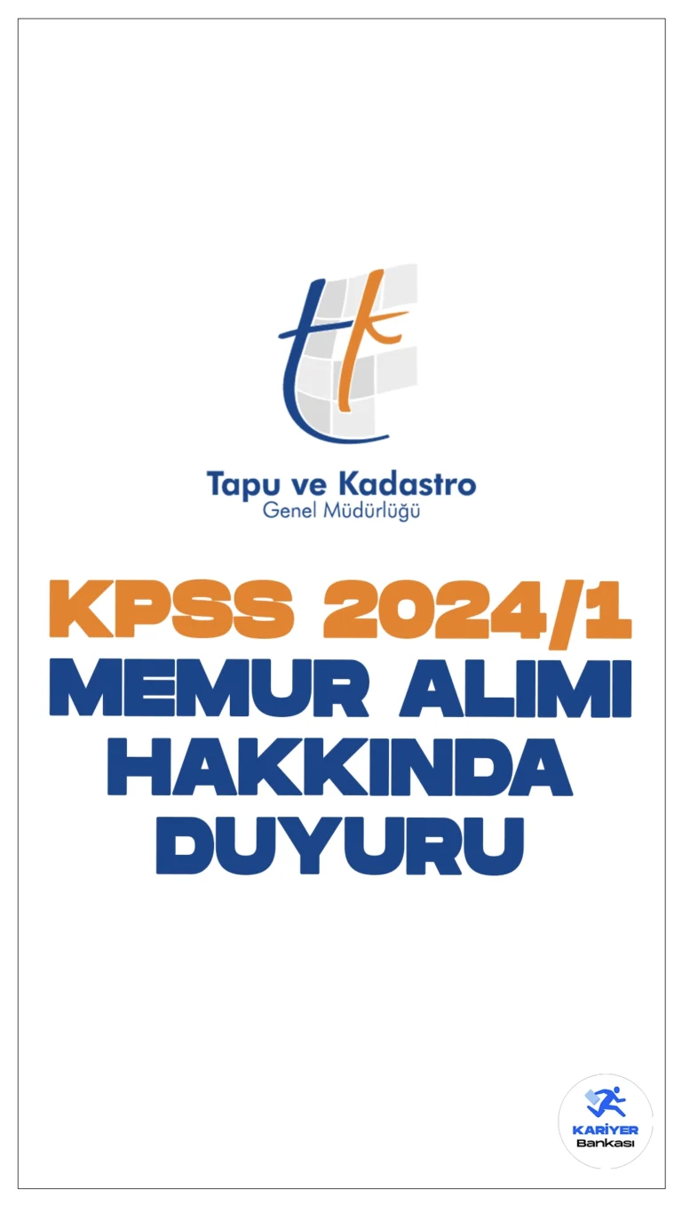 Tapu Kadastro KPSS 2024/1 Memur Alımı Hakkında Duyuru Geldi. Tapu ve Kadastro Genel Müdürlüğü sayfasından yayımlanan duyuruda, KPSS 2024/1 ile ÖSYM tarafından Kuruma yerleşen adayların atanma evraklarının teslimi başvuru işlemleri 01/08/2024 tarihinden 12/08/2024 tarihi saat: 23:59'a kadar https://atamabasvurusistemi.tkgm.gov.tr/ adresinde yer alan Genel Müdürlük Başvuru Sistemi üzerinden elektronik ortamda alınacağı, sistem üzerinden müracaatta bulunmayan adayların başvurularının değerlendirmeye alınmayacağı aktarıldı.